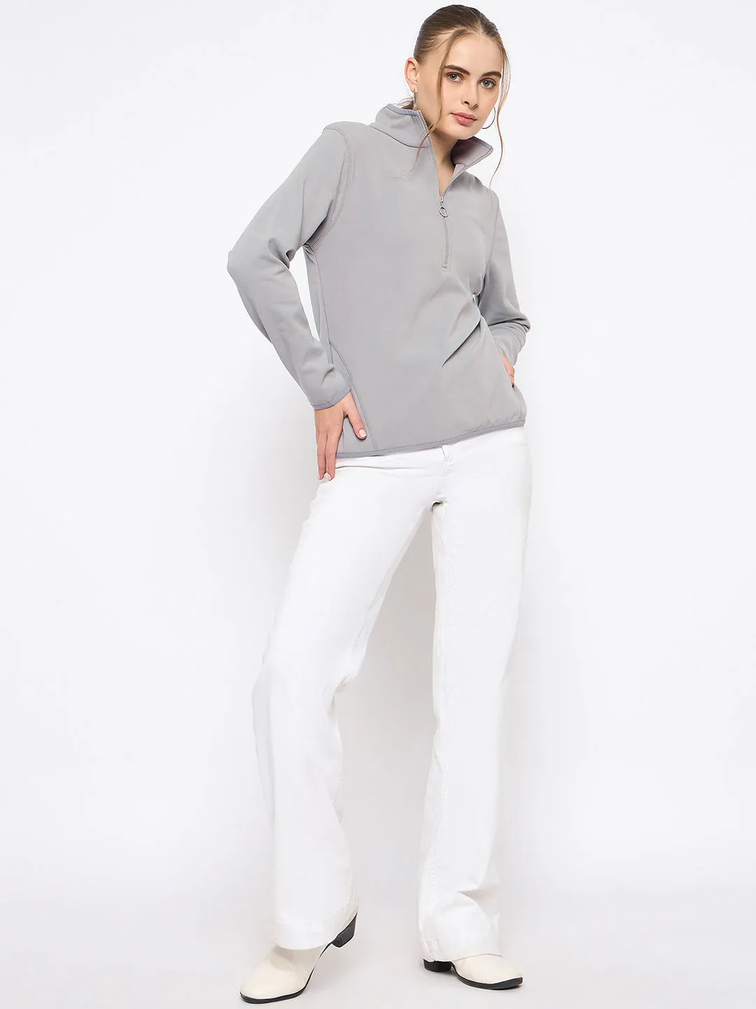 Madame Polar Fleece Half-Zipper Grey Sweatshirt Comfortable Style UV resistant