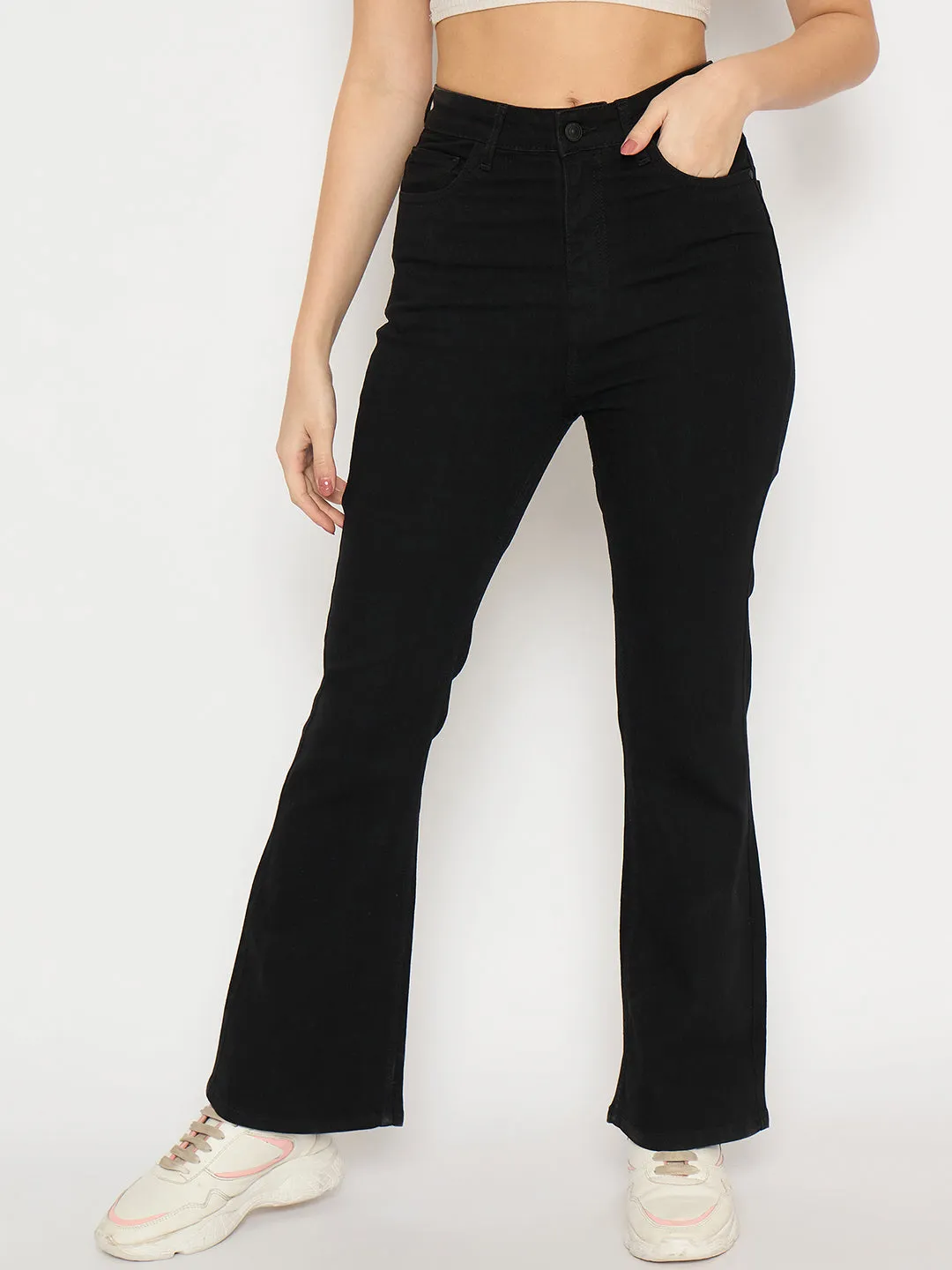 Madame Flared Fit Black Denim Jeans Pre Washed Denim