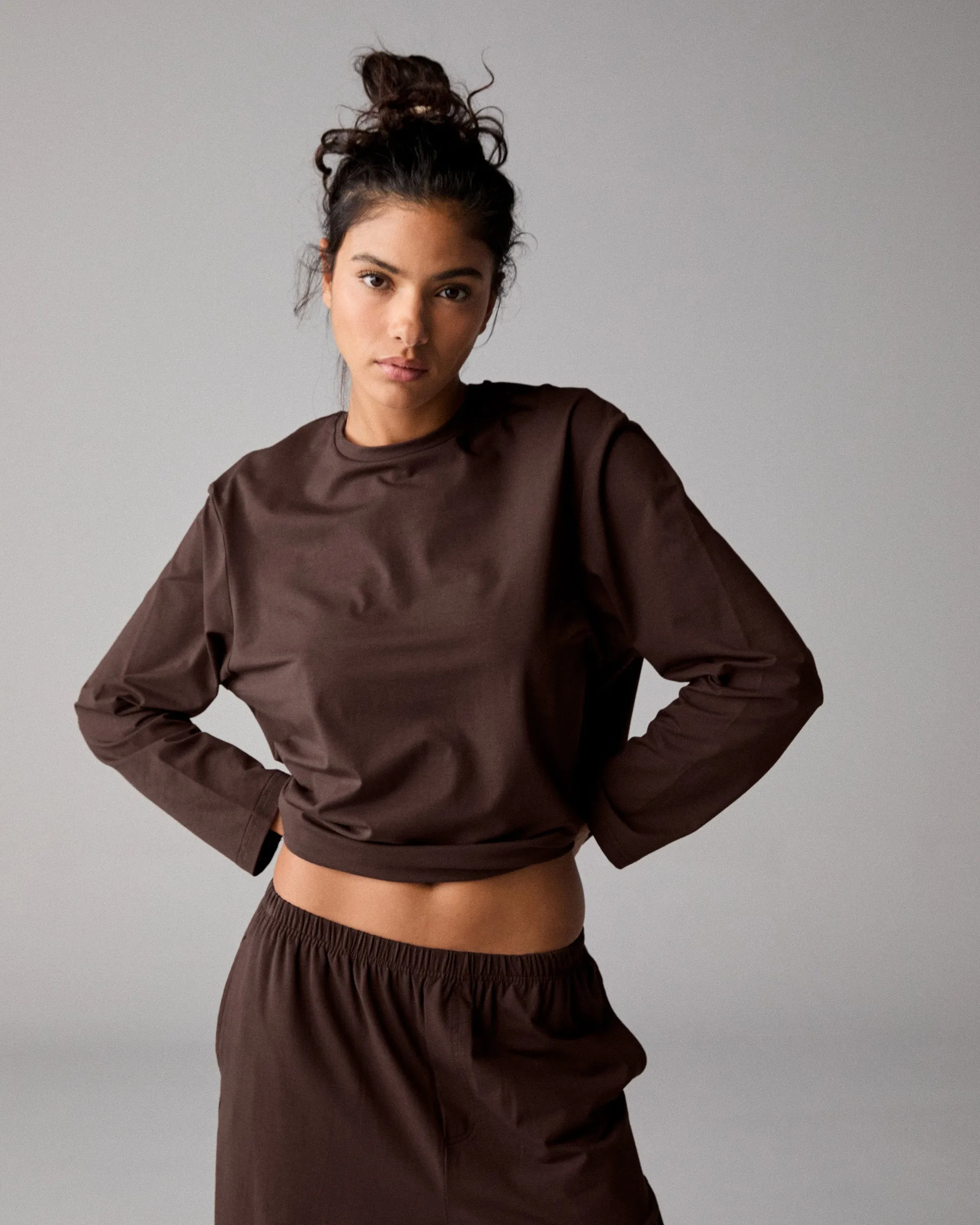 Modal Long Sleeve Oversized T-shirt - Chocolate Brown Garment Washed Texture