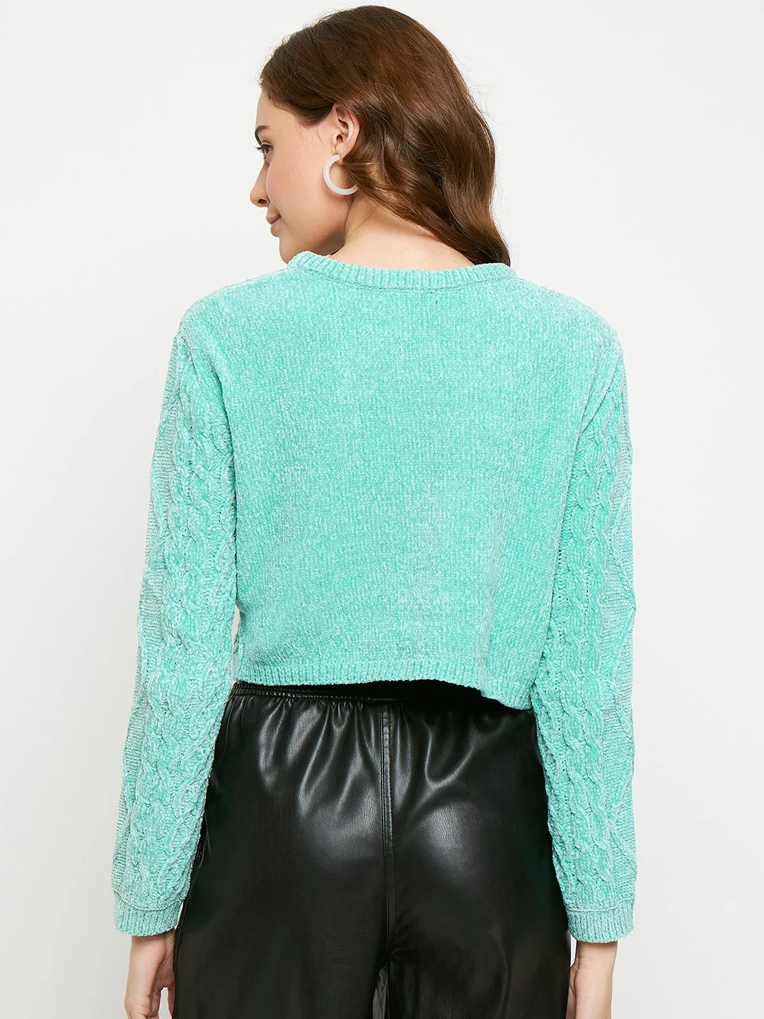 Versatile Layer Premium Cotton Blend Madame Sea Green Cable Knit Sweater