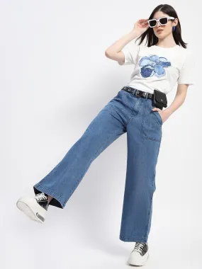 Neutral Lightweight Madame Slant Pocket Flared Mid Blue Denim