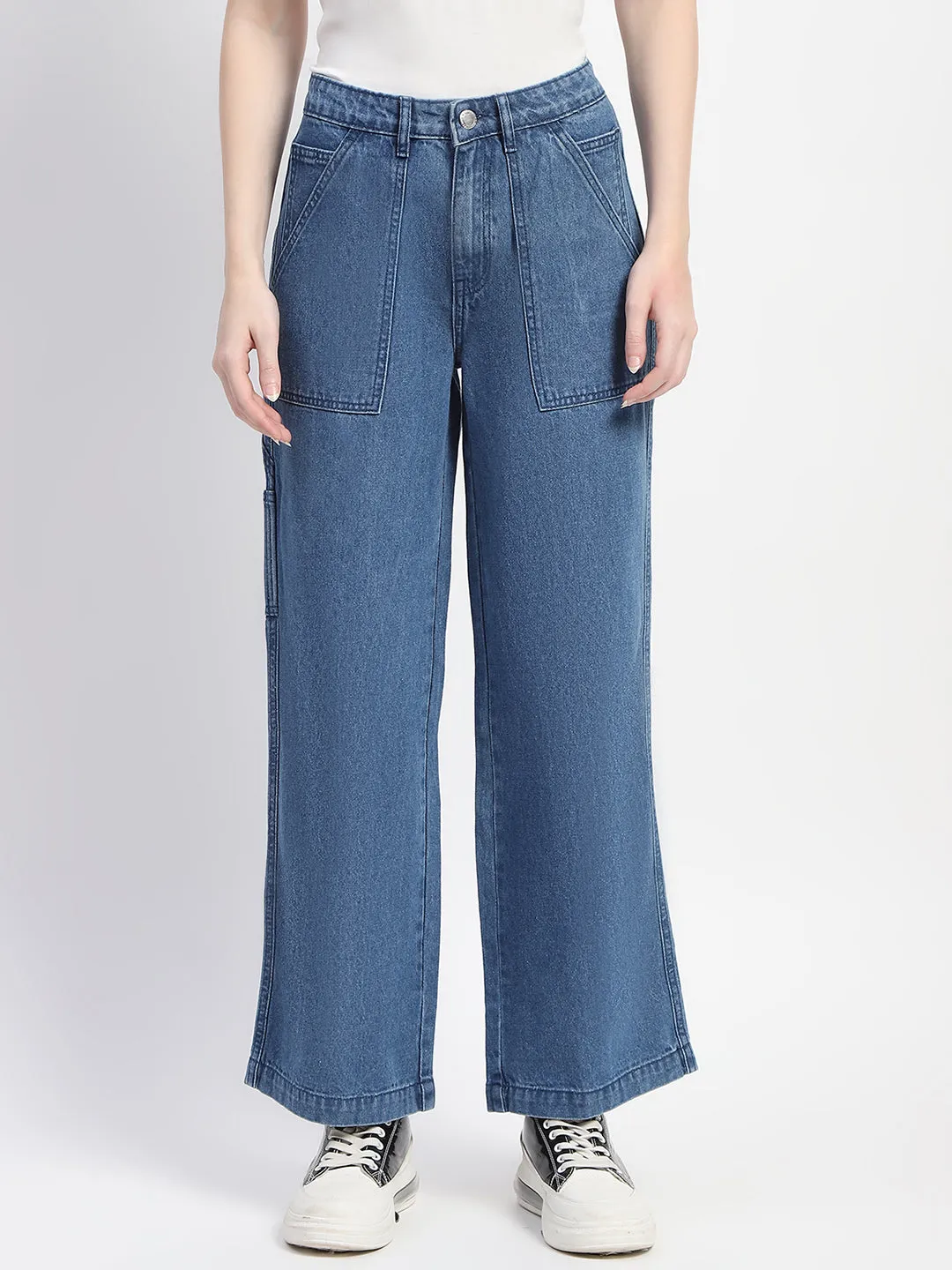 Madame Slant Pocket Flared Mid Blue Denim Modern Minimalist Fashion Lover Regular Look