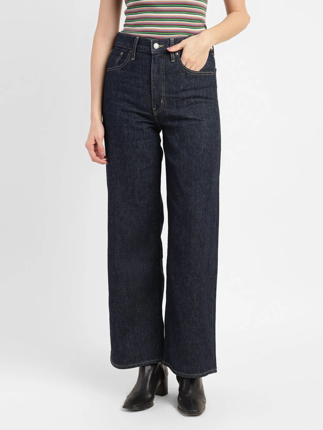 Street Fashion Affordable Essential Wear Women's Navy Blue Mile High Wide Leg Fit High Rise Jeans