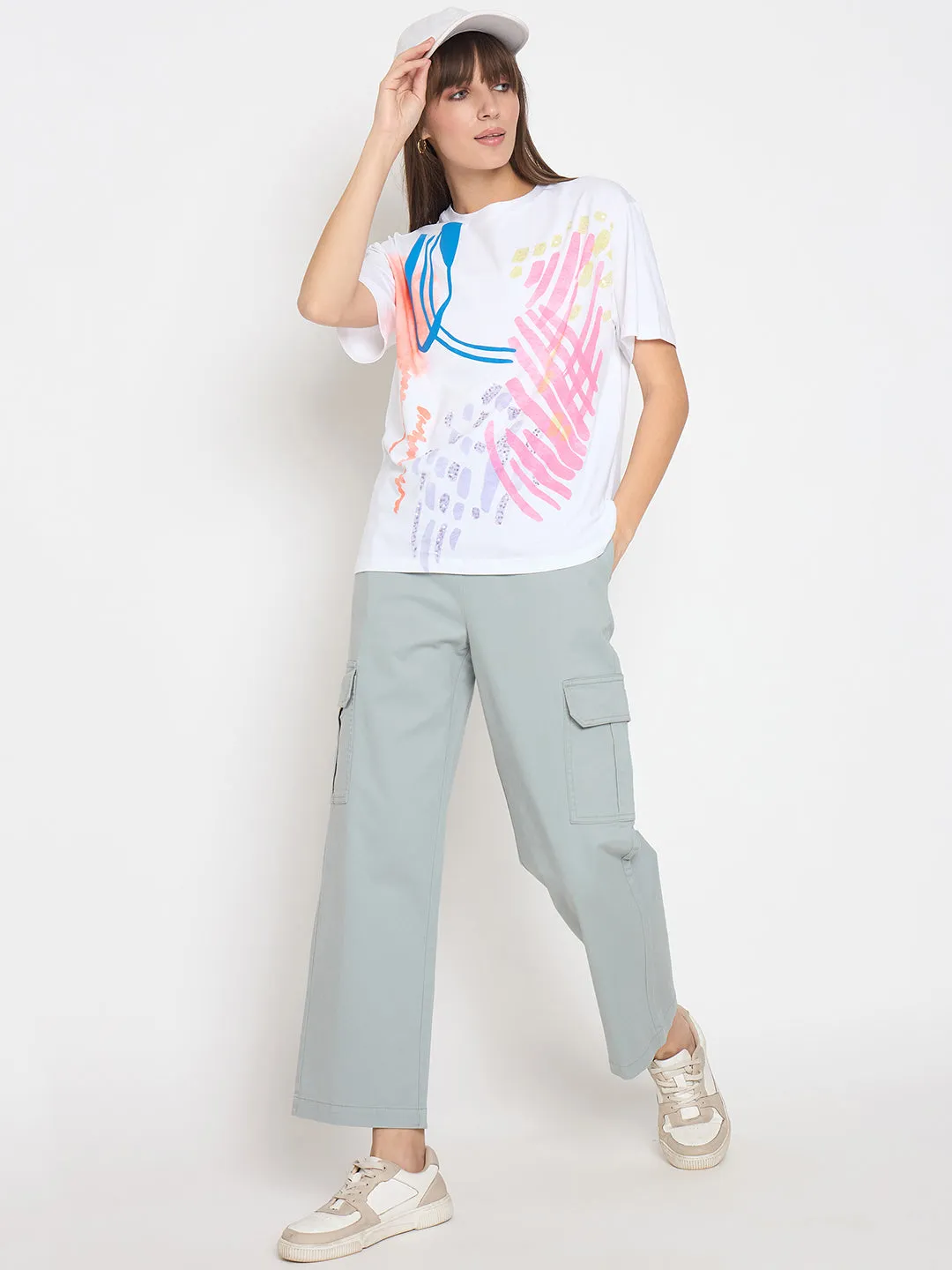 Madame Handwork Detail with Graphic Print White T-shirt Garment Washed Texture Unique Design