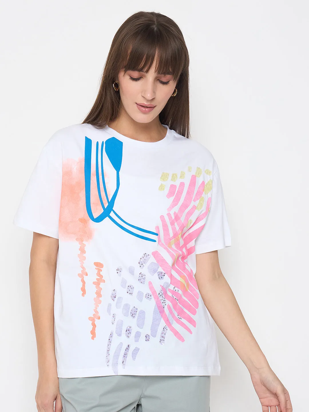 Madame Handwork Detail with Graphic Print White T-shirt certified