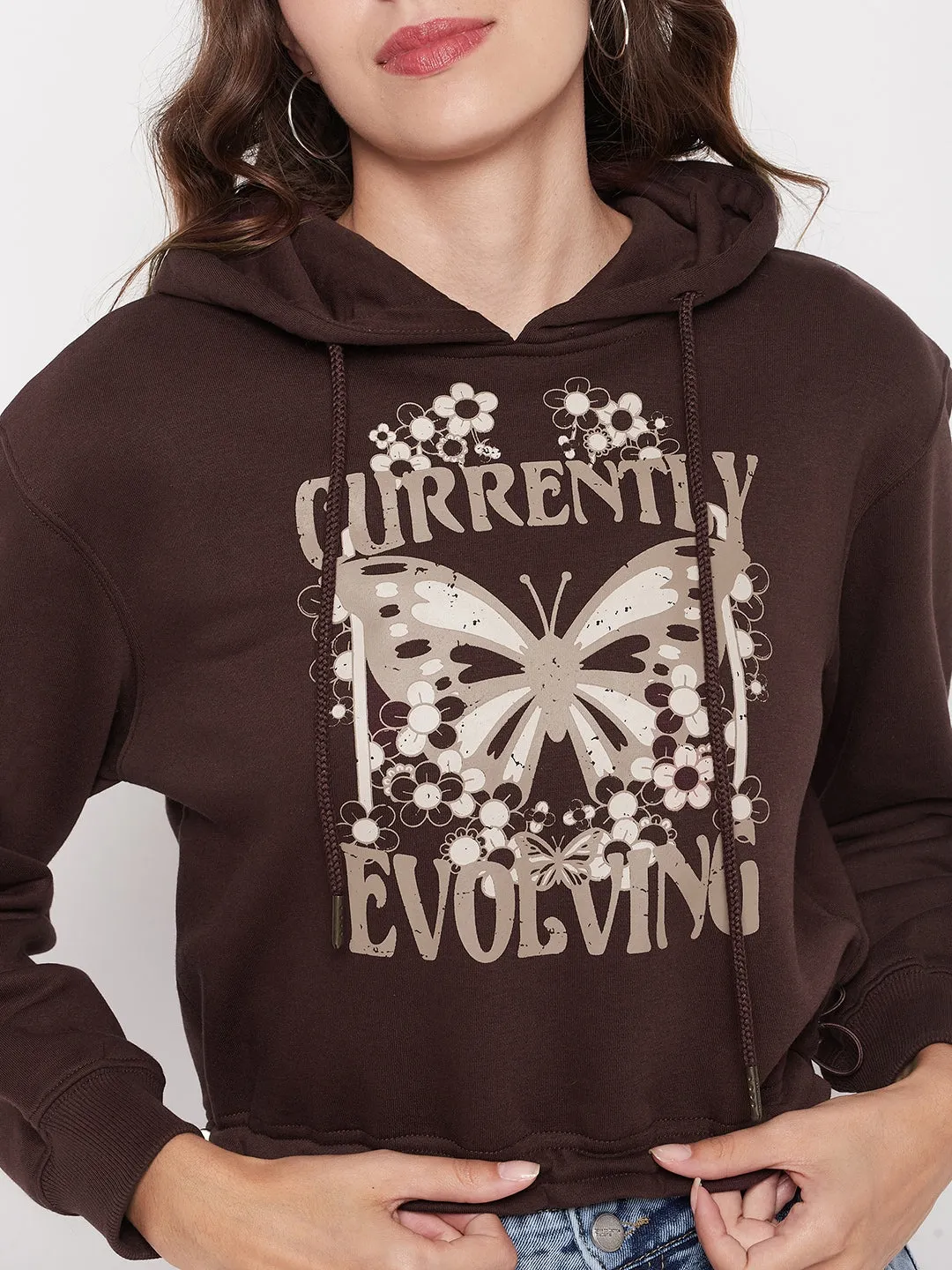 Street Staple Madame Printed Coffee Brown Crop Sweatshirt