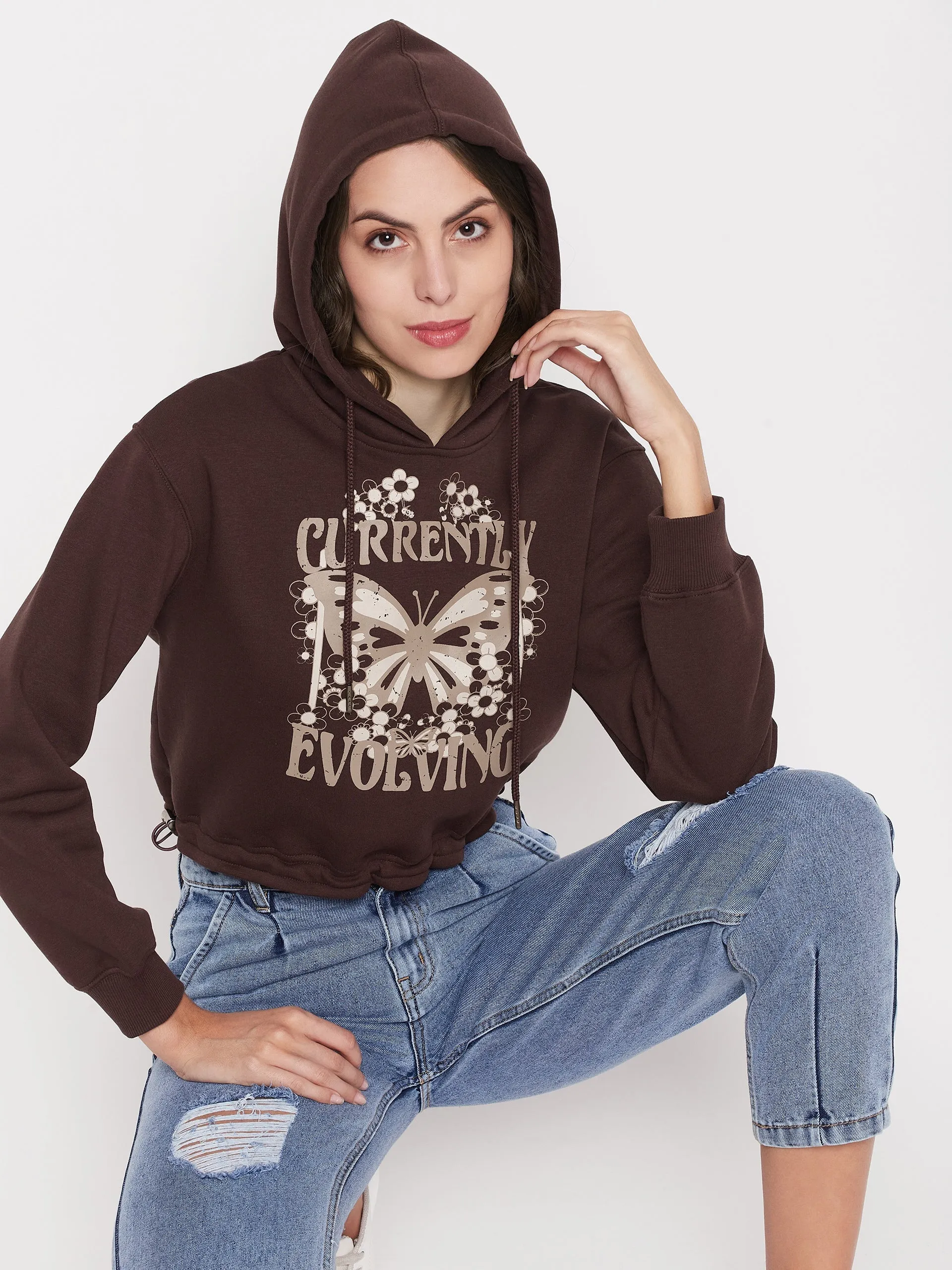 Chic Hoodie Casual Hoodie Madame Printed Coffee Brown Crop Sweatshirt