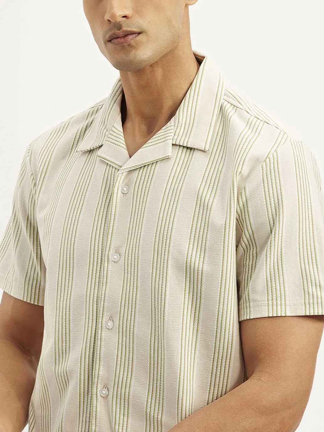 Men's Resort Collar Striped Relaxed Fit Camp Shirt Odor Control Fabric