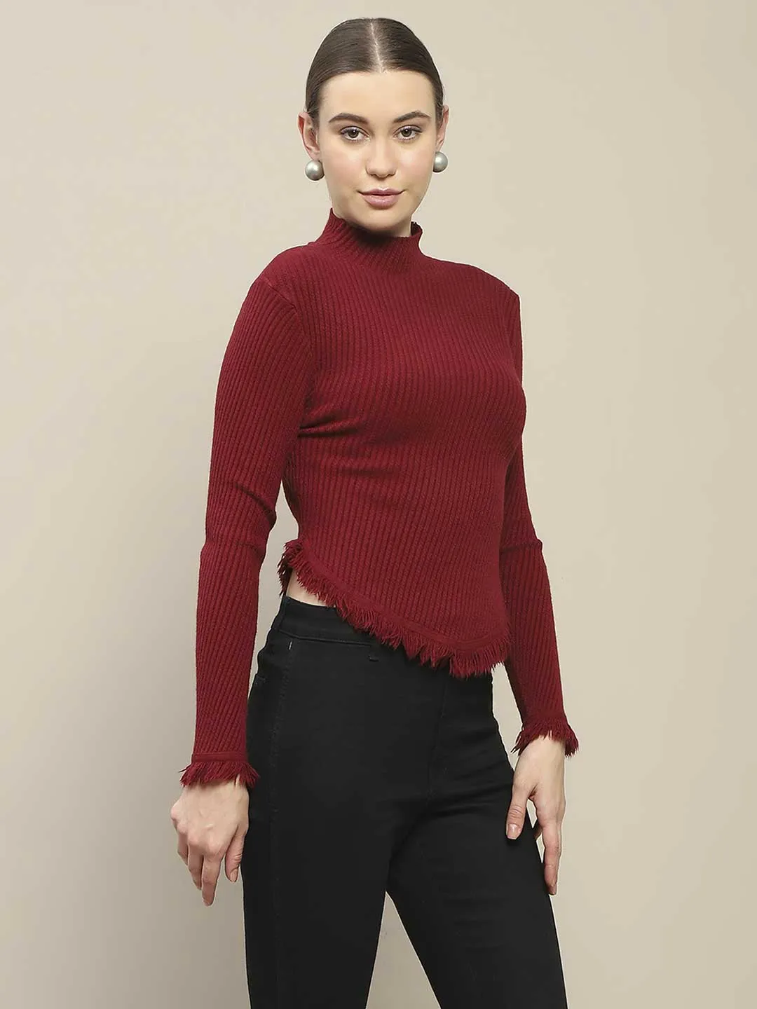 Madame Fur Cuffs and Hem Wine Red Sweater Essential Knit Style