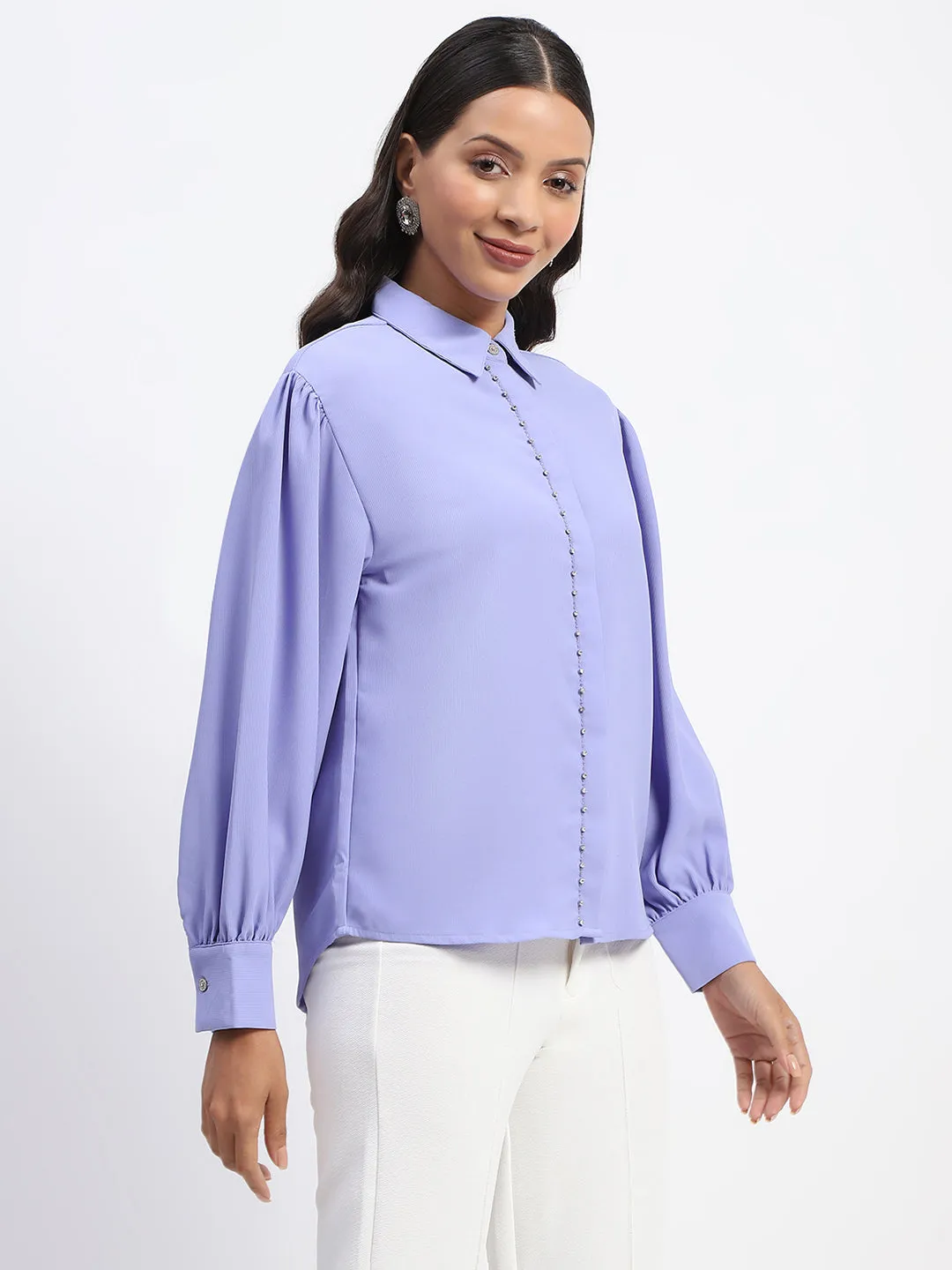 Cuffed hem Madame Embellished Solid Mauve Shirt