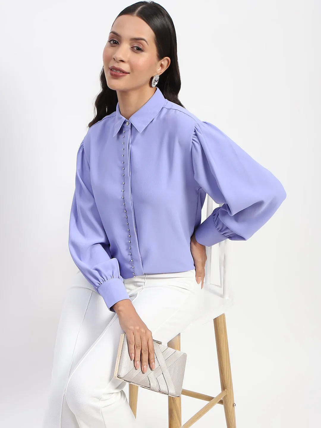 Button front Madame Embellished Solid Mauve Shirt