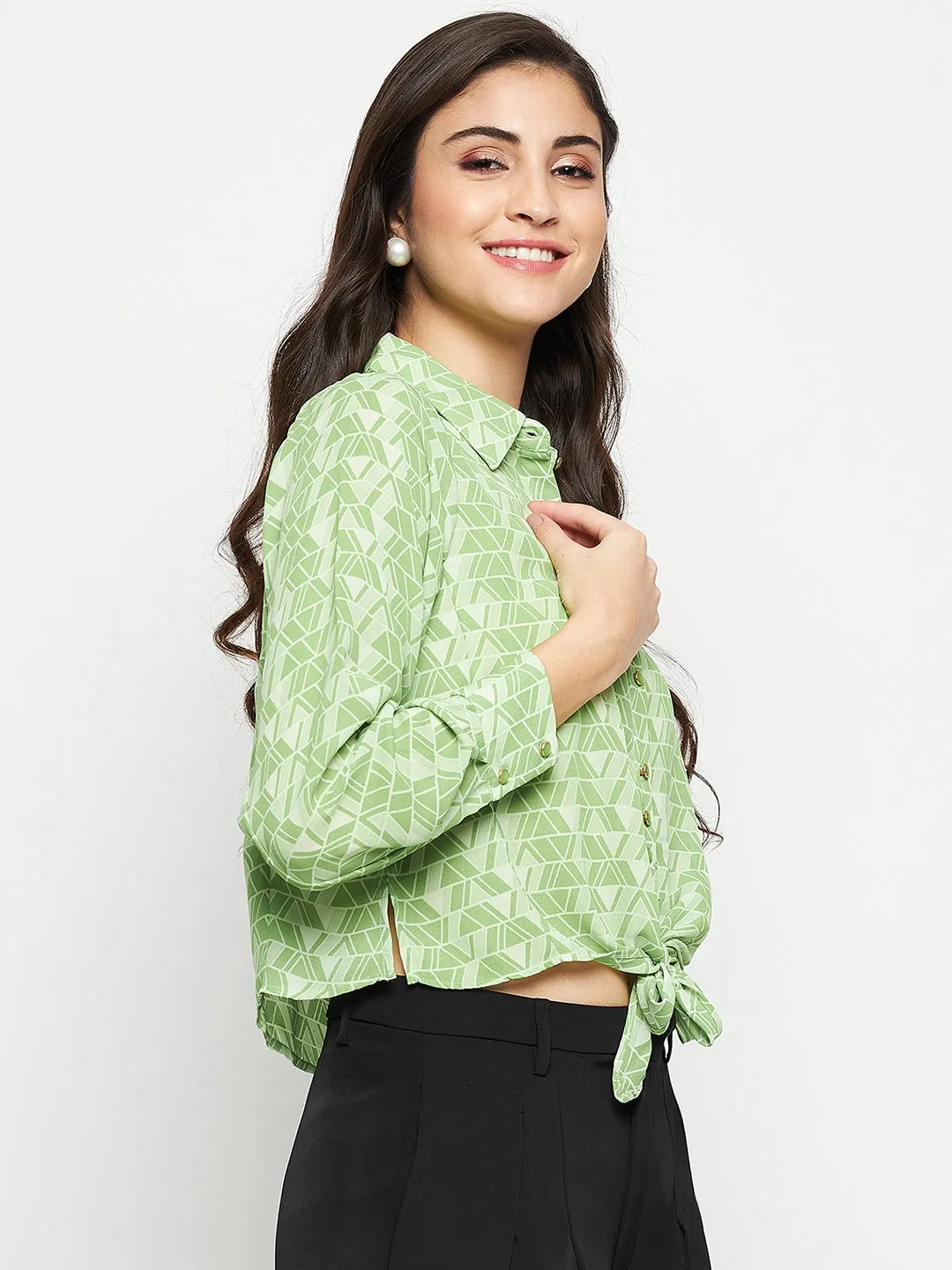 Madame Geometric Print Tie Front Green Shirt Bold Pattern Trendy Fit