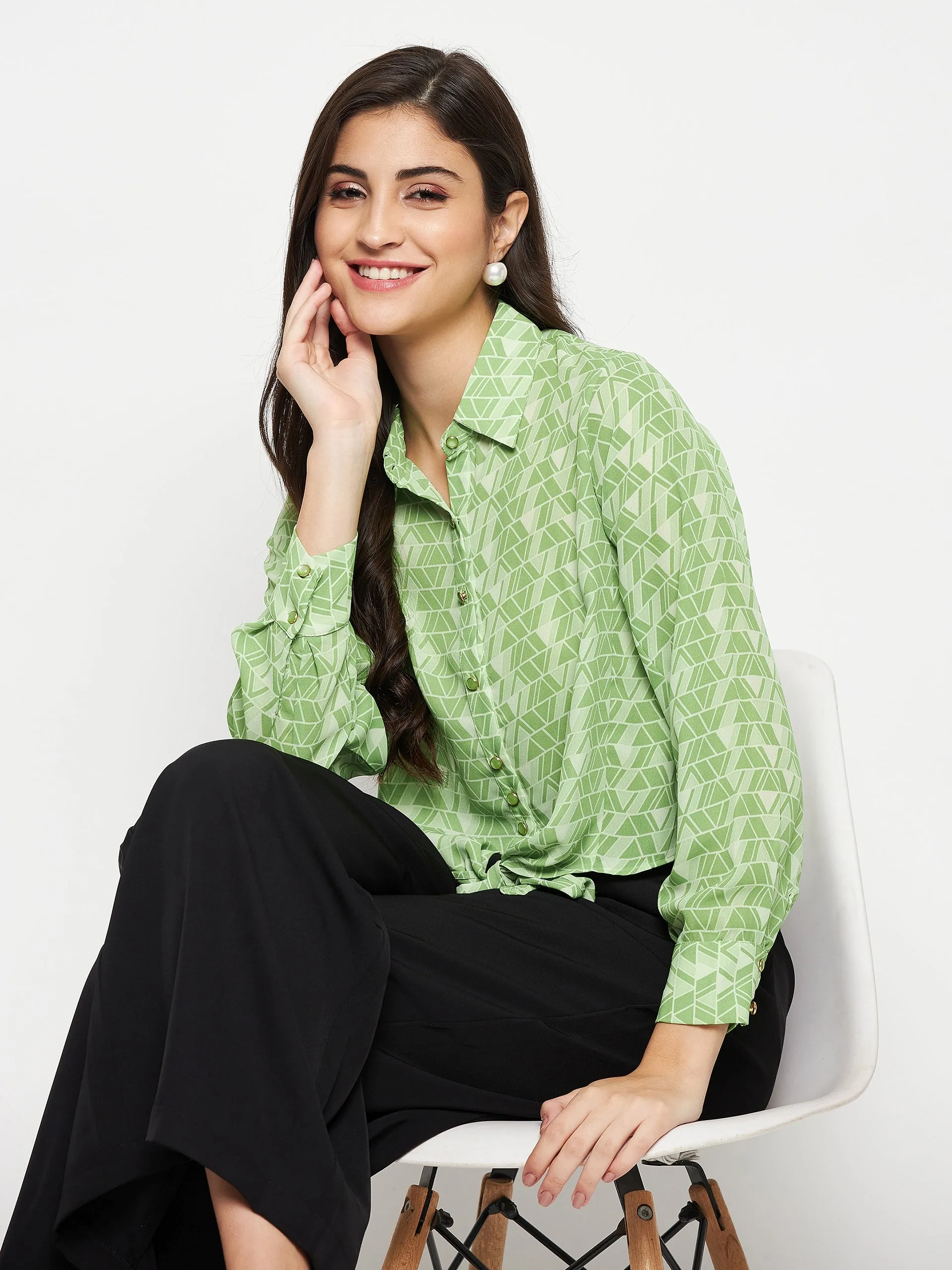 Business Meeting Madame Geometric Print Tie Front Green Shirt