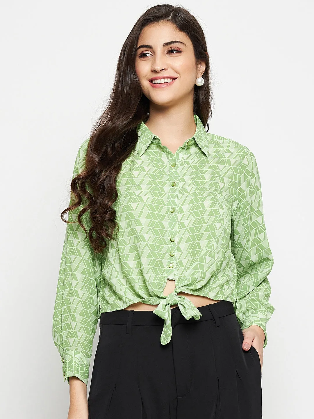 High-End Fashion Madame Geometric Print Tie Front Green Shirt