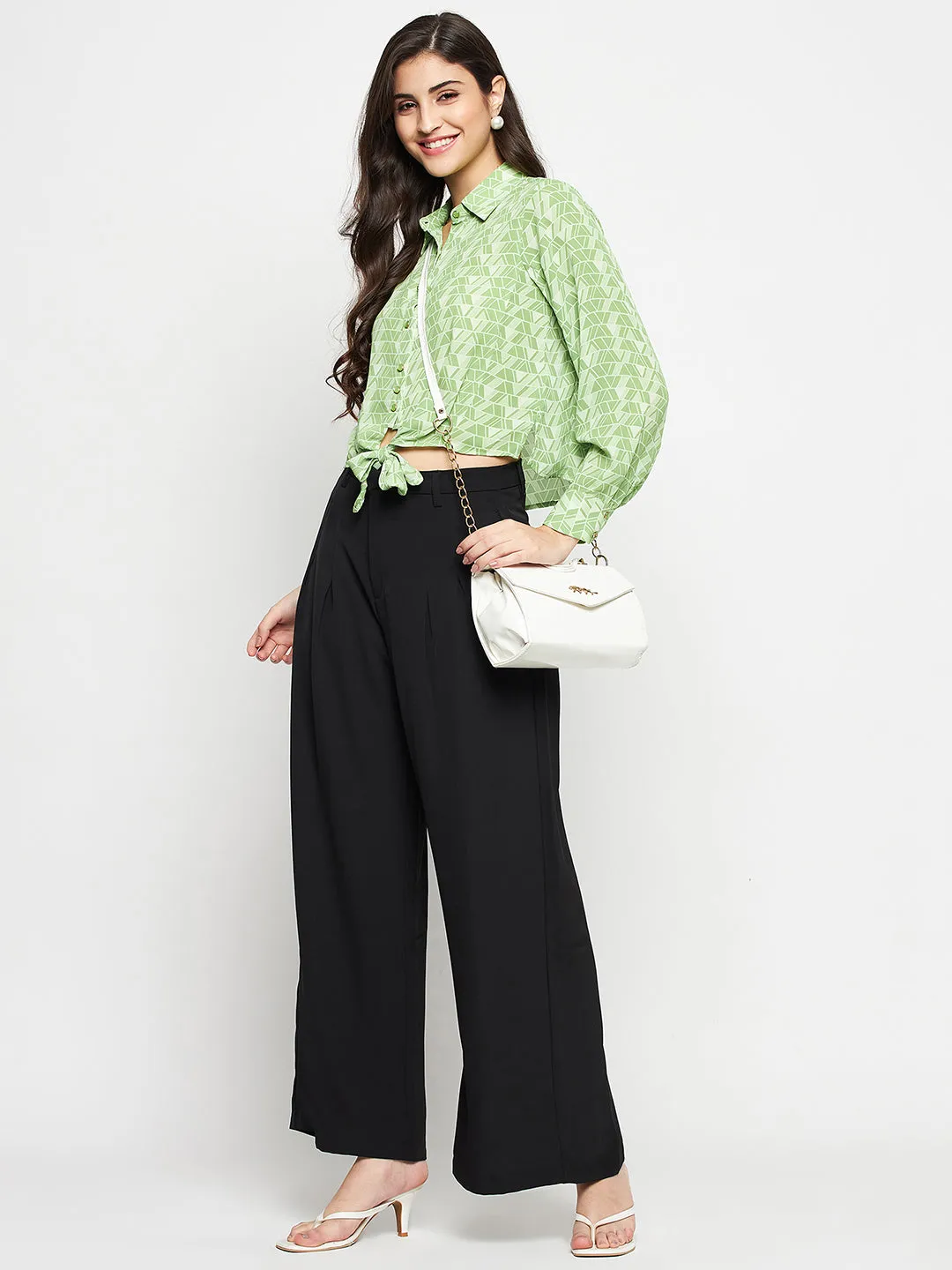 Social Meetup Madame Geometric Print Tie Front Green Shirt