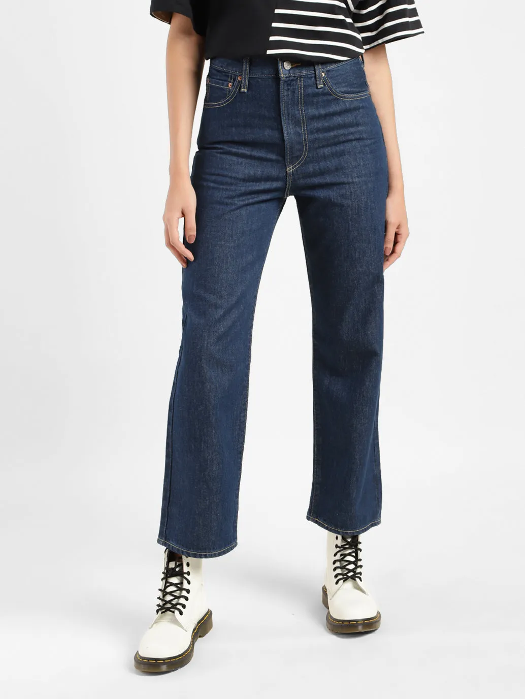 Women's Navy Blue Ribcage Straight Ankle Fit Mid Rise Jeans Artist Vibe Premium Comfortable Waist