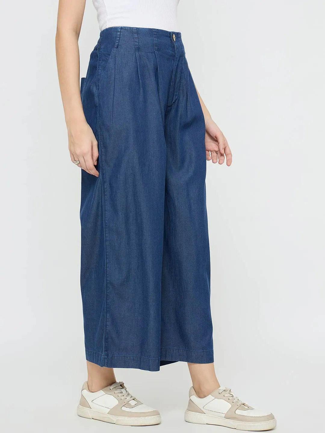 Madame Pintuck Detailed Cotton Blend Mid Blue Wide Leg Jeans Stylish Casual Evening Stroll Durable Triple Stitched Seams