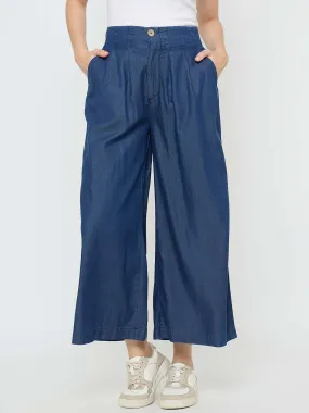 Contemporary Look Softened Texture Madame Pintuck Detailed Cotton Blend Mid Blue Wide Leg Jeans