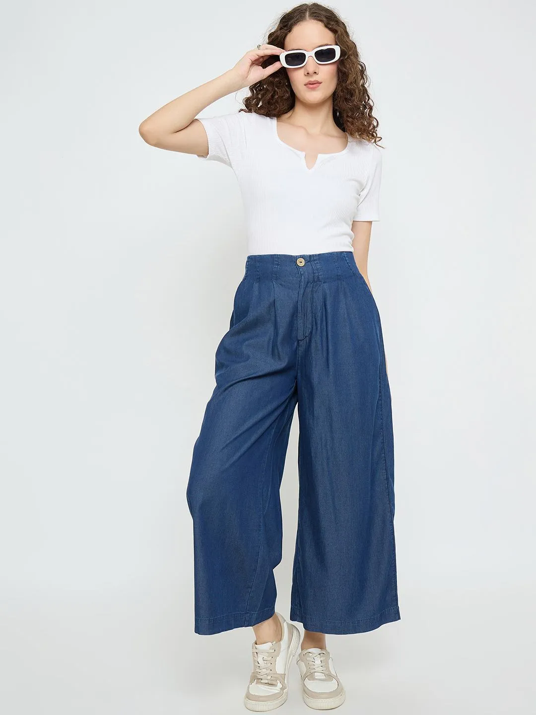 Madame Pintuck Detailed Cotton Blend Mid Blue Wide Leg Jeans Road Trip Bold Look Smart Casual