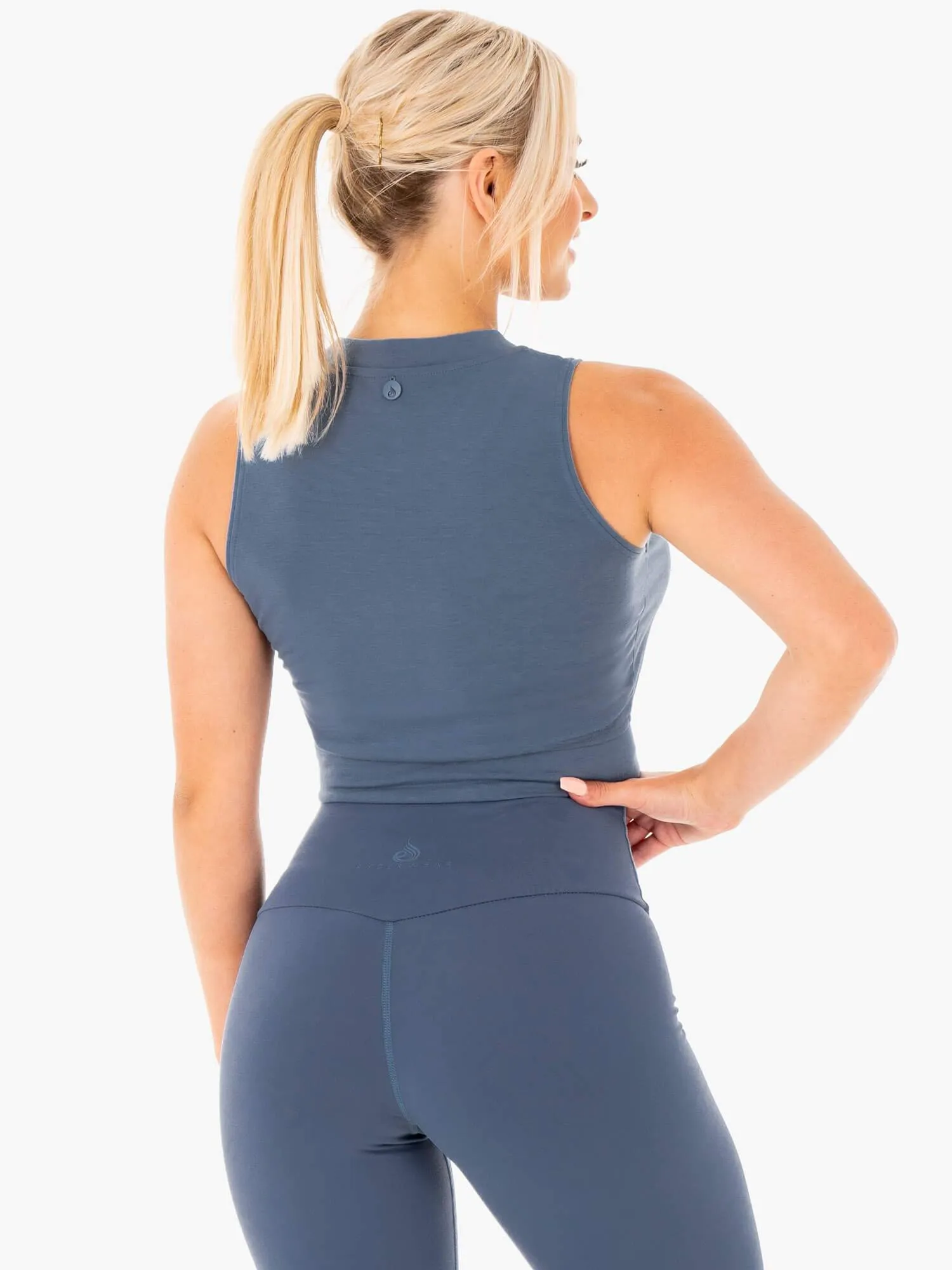 Motion Crop Top - Steel Blue UltraSoft Blend Hidden Button Placket