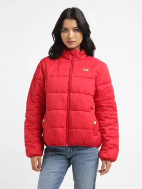 No Roll Collar Technology Women's Solid Red High Neck Quilted Jacket