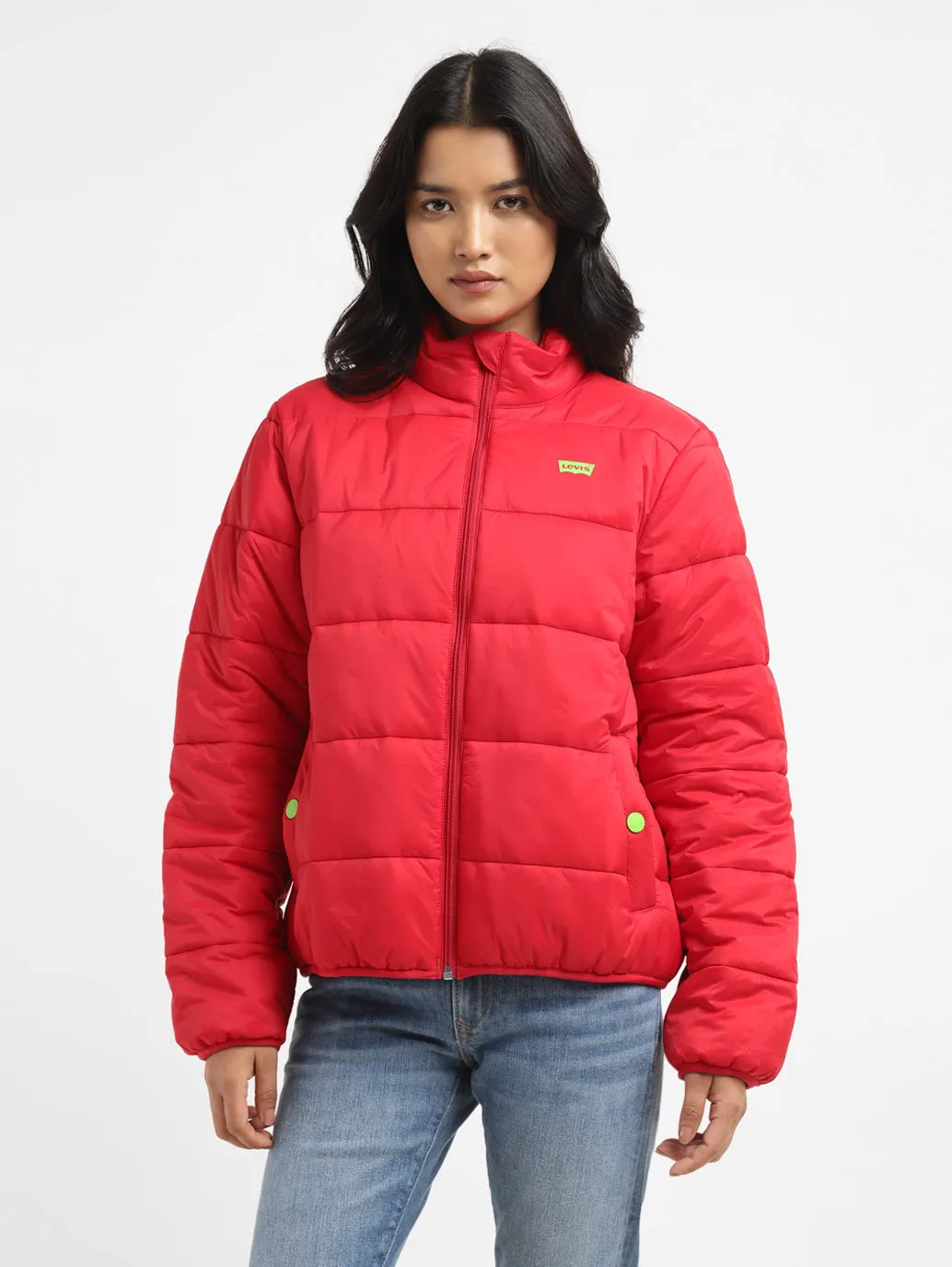 Airflow Ventilation System Women's Solid Red High Neck Quilted Jacket