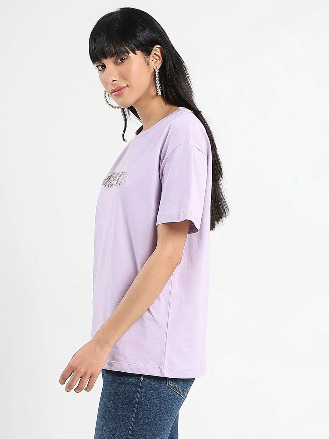 Formal Elegance Light and Fresh Madame Embellished Typography Lilac Cotton T-Shirt