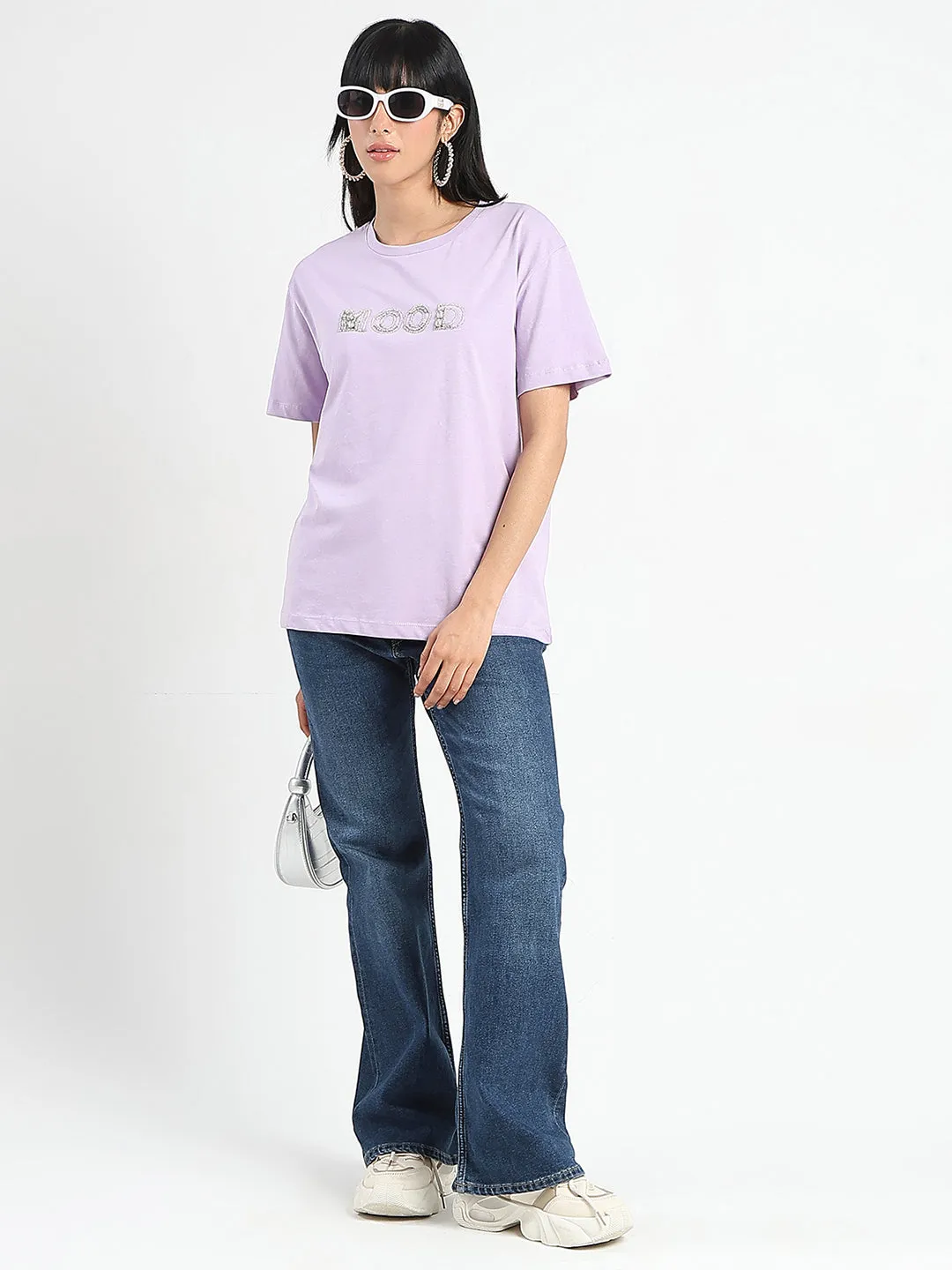 Madame Embellished Typography Lilac Cotton T-Shirt Odor Resistant Material