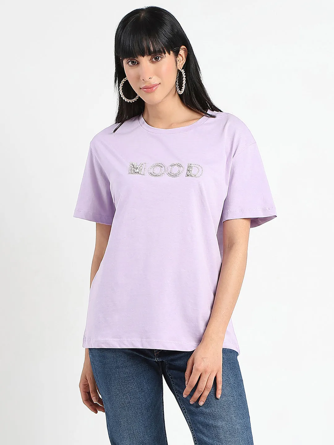 Madame Embellished Typography Lilac Cotton T-Shirt Stretch Fit Design