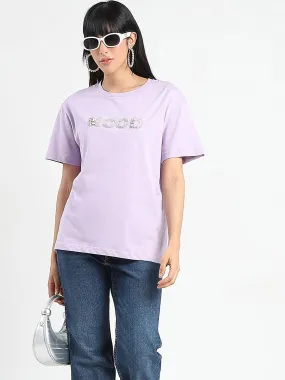 Madame Embellished Typography Lilac Cotton T-Shirt casual and comfortable