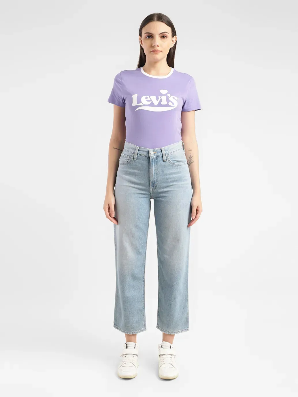 Women's Blue Ribcage Straight Ankle Fit High Rise Jeans Light Fabric