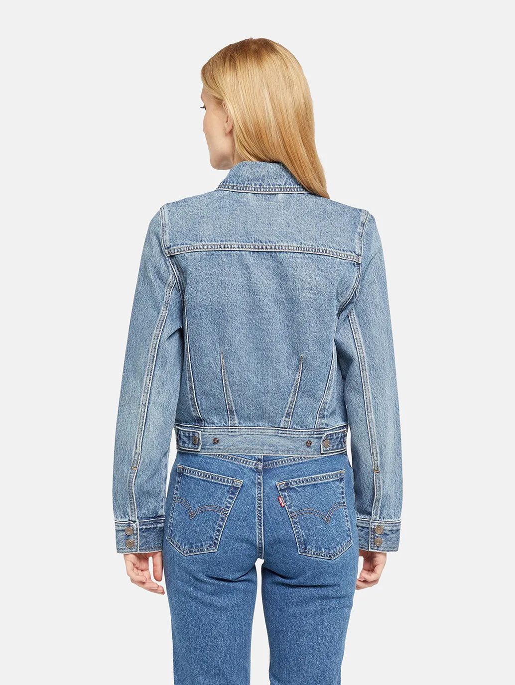 Magnetic Closures Gloss Free Texture Women's XS Dart Denim Trucker Jacket