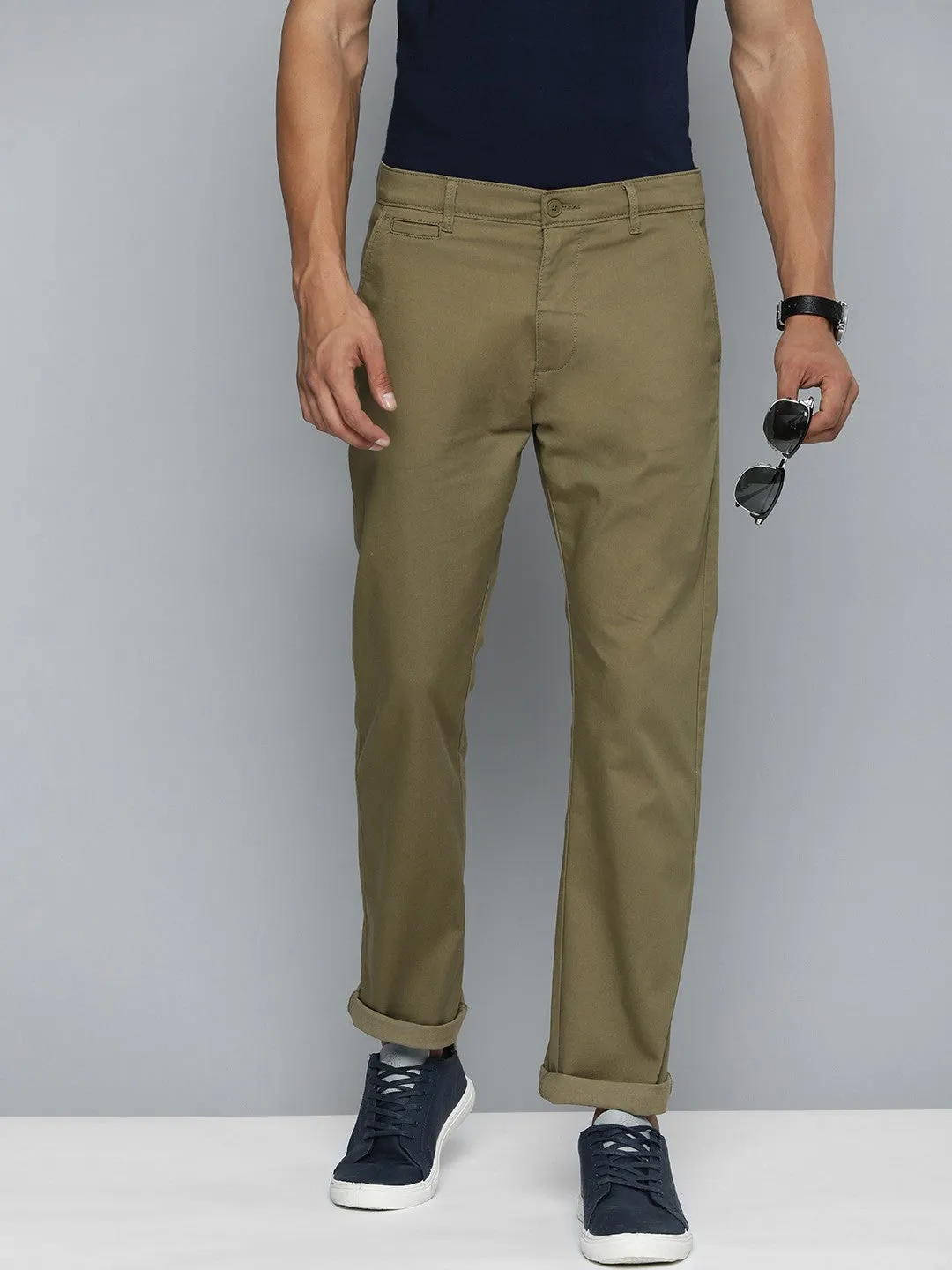 Men's Olive Slim Fit Chino Trousers Breathable Waistband