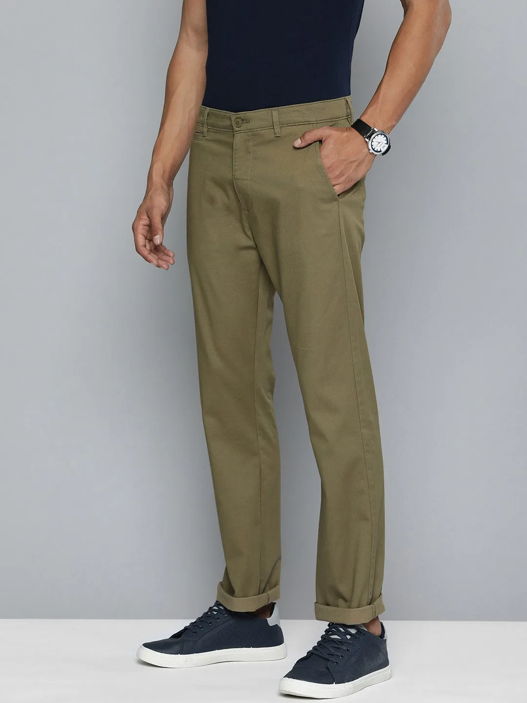 Flexible Knees Men's Olive Slim Fit Chino Trousers