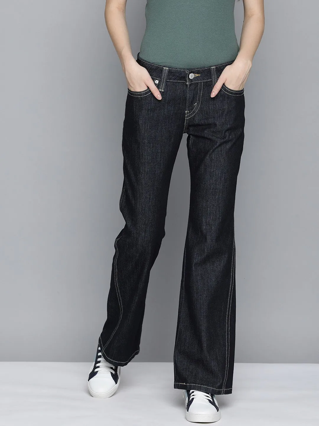 Breathable Work Meeting Relaxed Style Women's Blue Bootcut Fit Low Rise Jeans