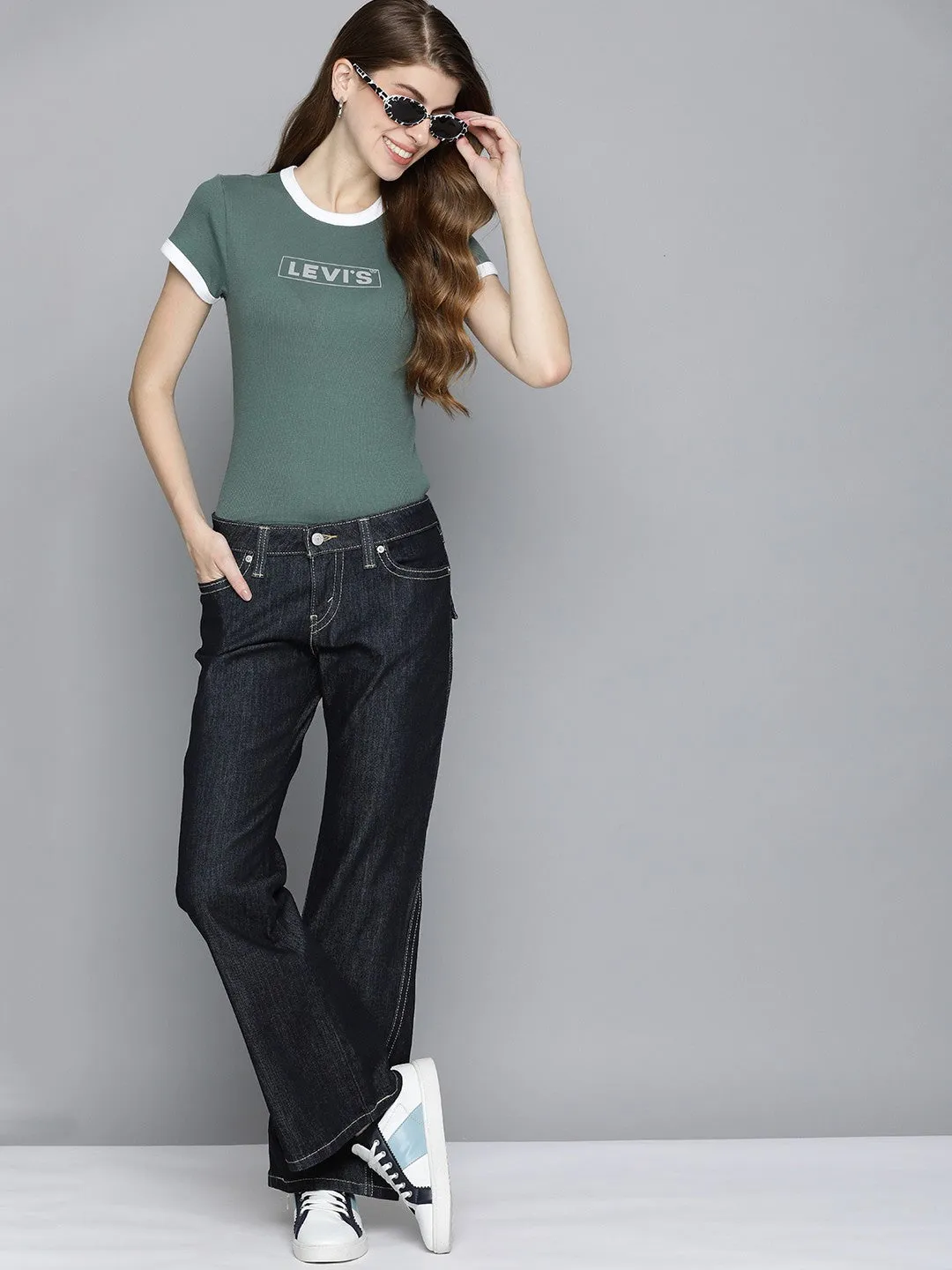 Minimalist Trendy Everyday Clean Outfit Women's Blue Bootcut Fit Low Rise Jeans