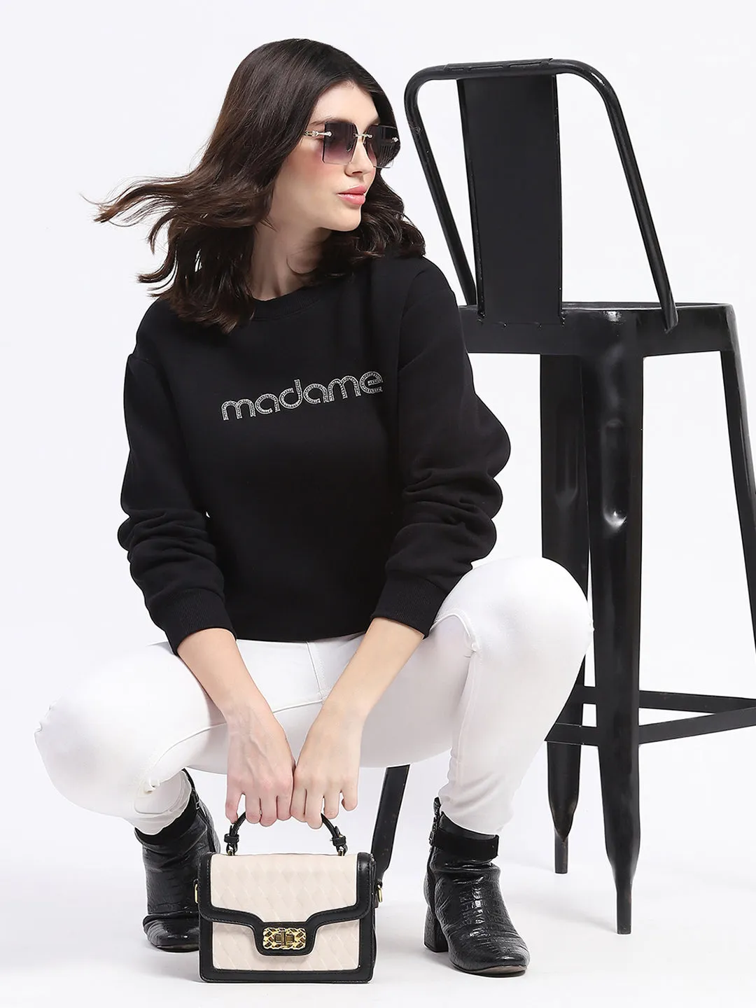 Madame Fleece Handwork And Embroidered Black Sweatshirt product fuzzy coziness Stylish Look