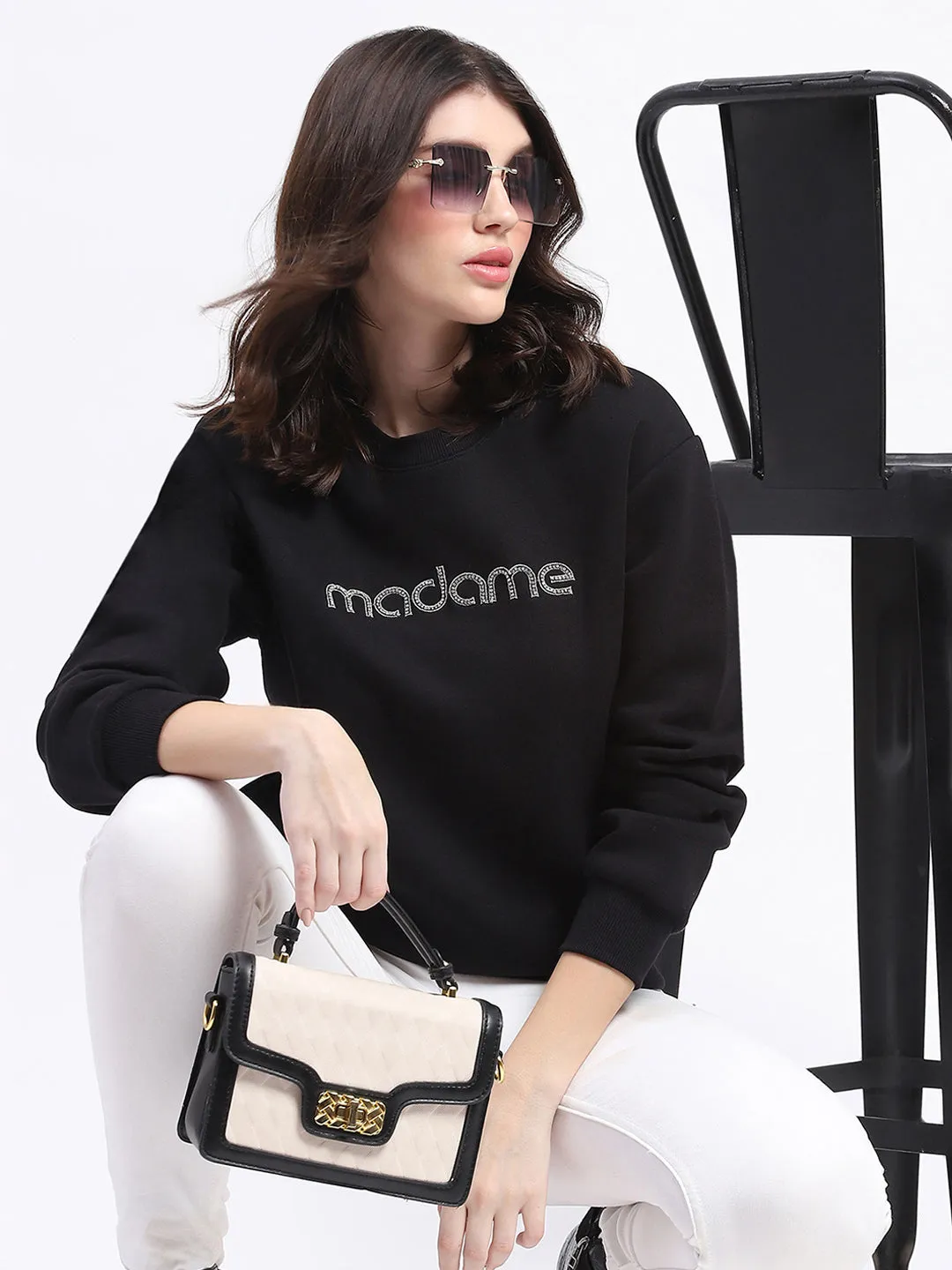 Madame Fleece Handwork And Embroidered Black Sweatshirt Warm Layer Cozy Comfort