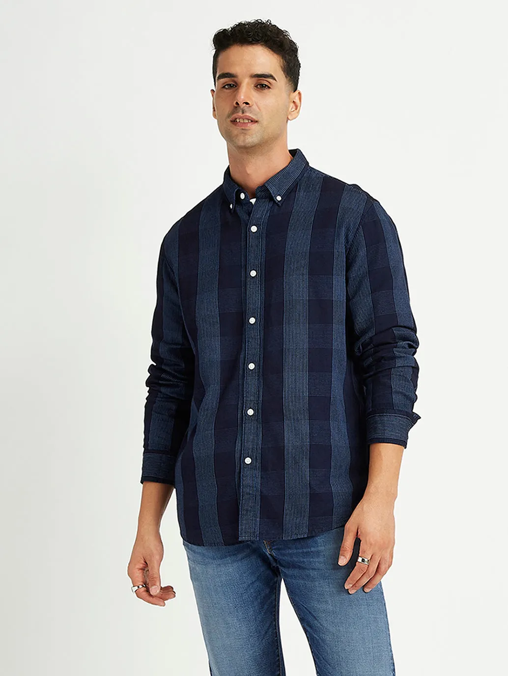 Men's Checkered Spread Collar Shirt Date night Easy Care