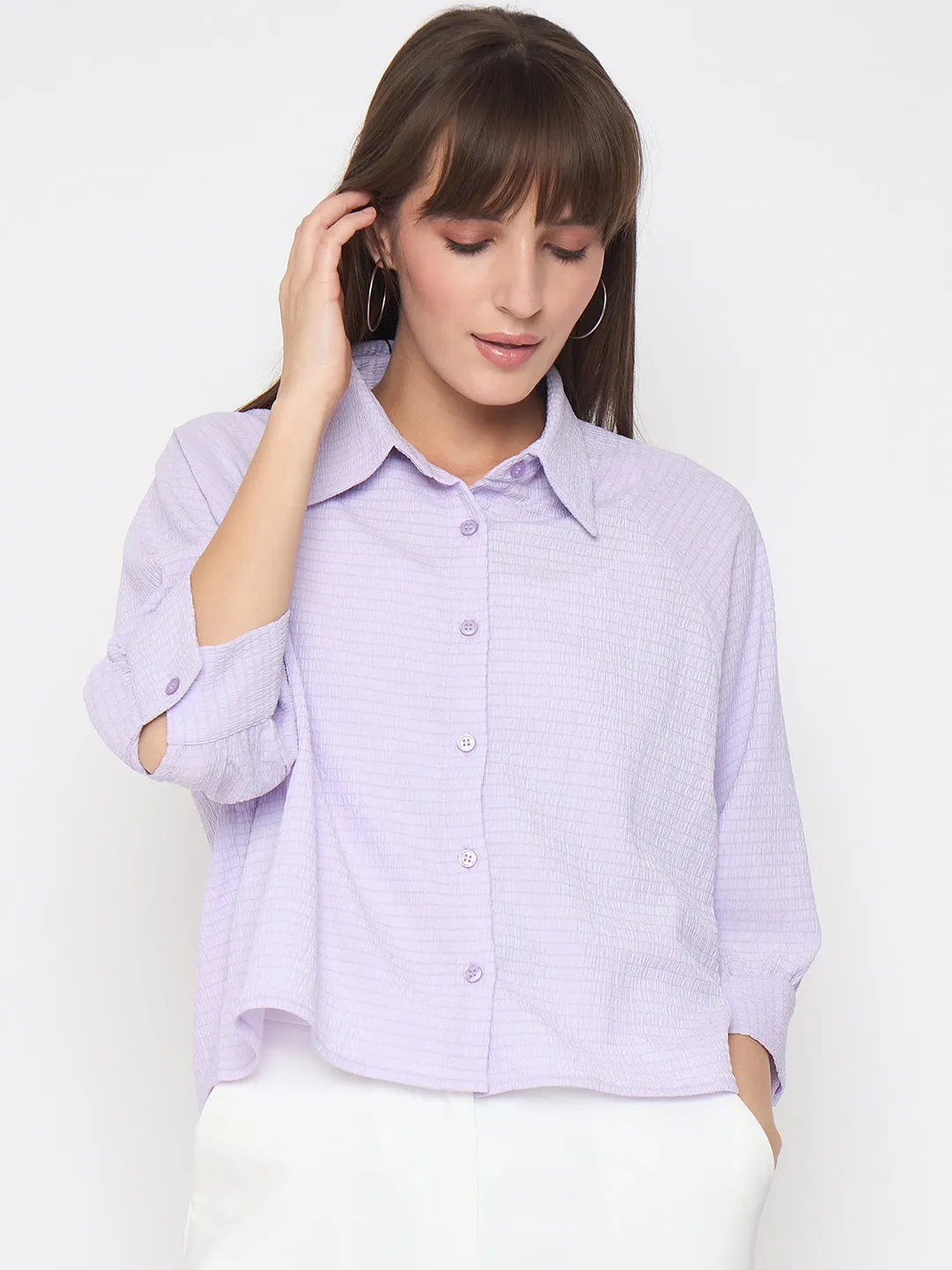 Madame Shirt Collar Buttoned Orange Lilac Shirt Vibrant Hue Sophisticated Look