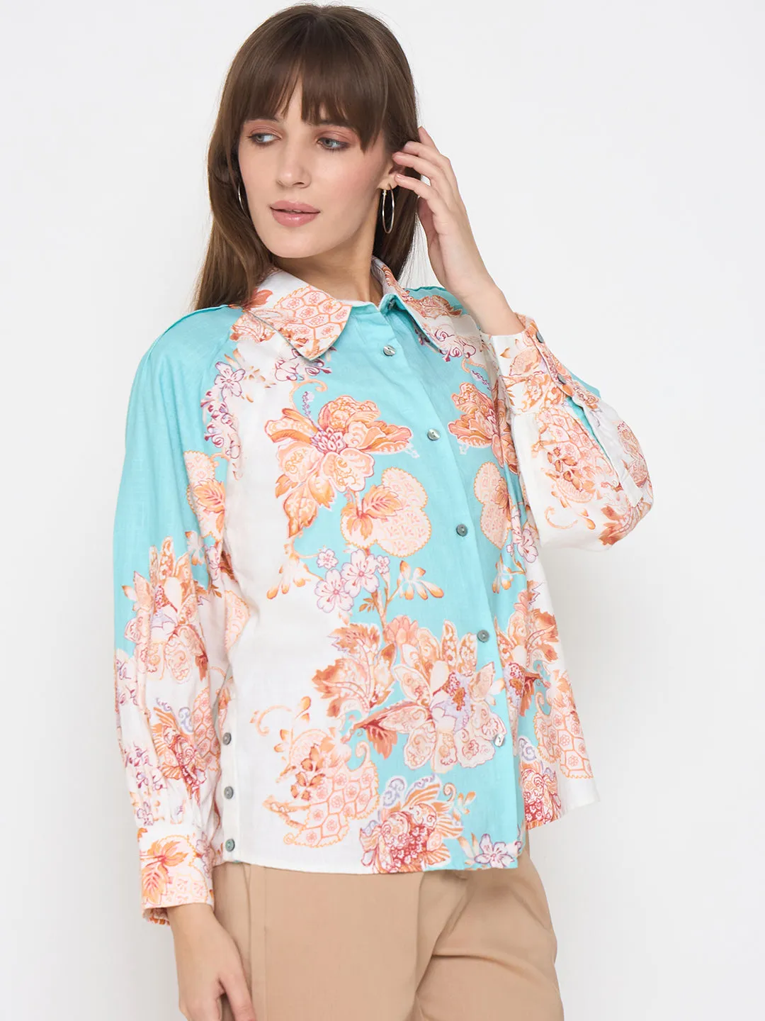 Madame Floral Print Colorblock Blue Shirt All-Weather Ready Essential Fit