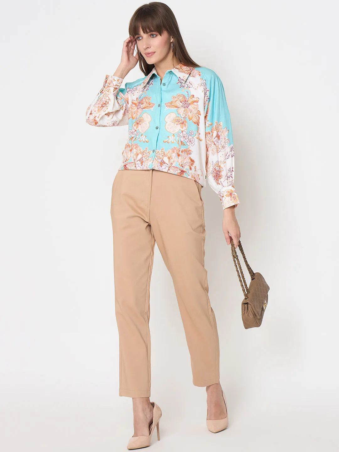 Madame Floral Print Colorblock Blue Shirt Casual Comfort Trendy Layer