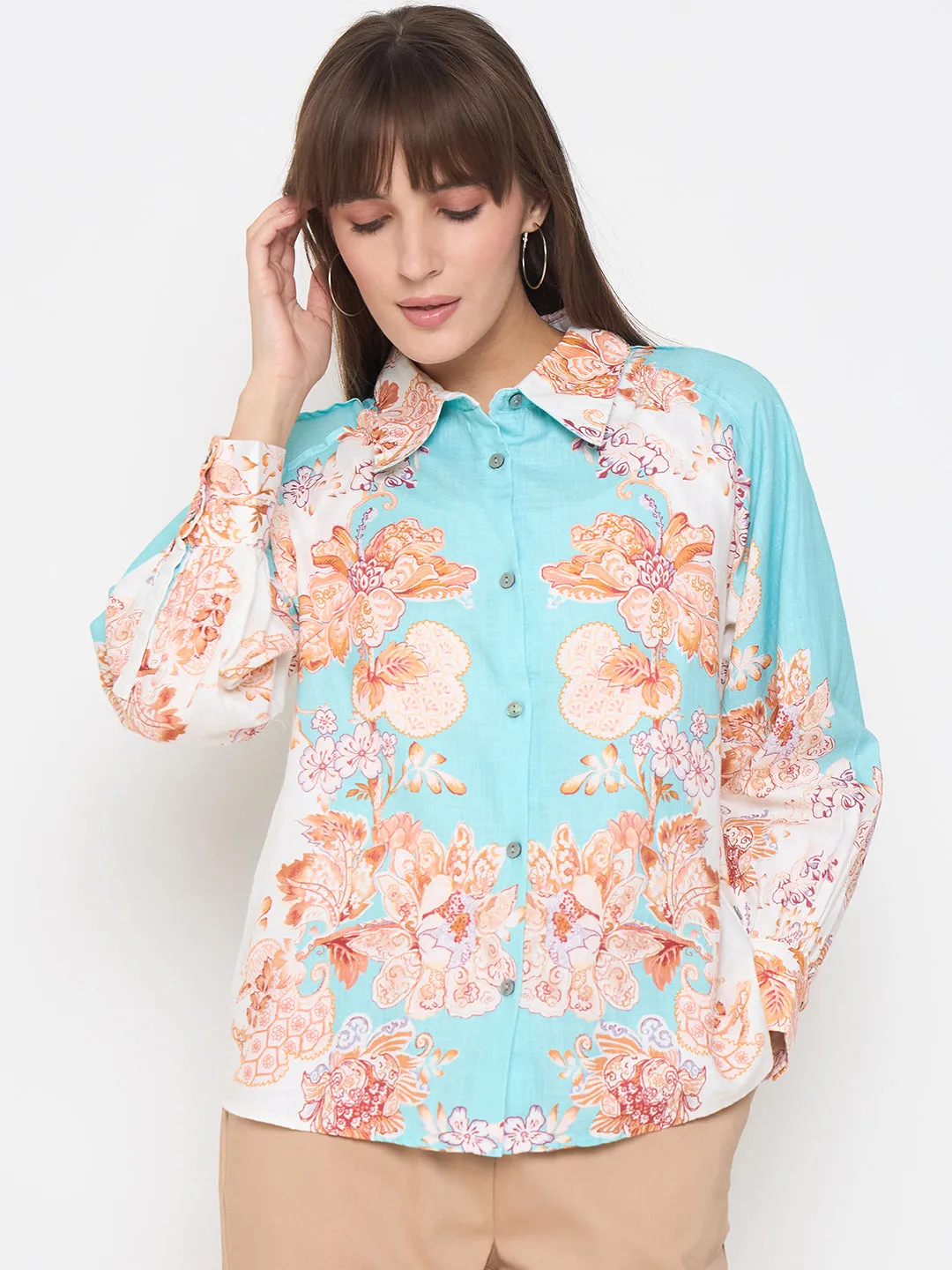 Adjustable Cuff Closure Madame Floral Print Colorblock Blue Shirt