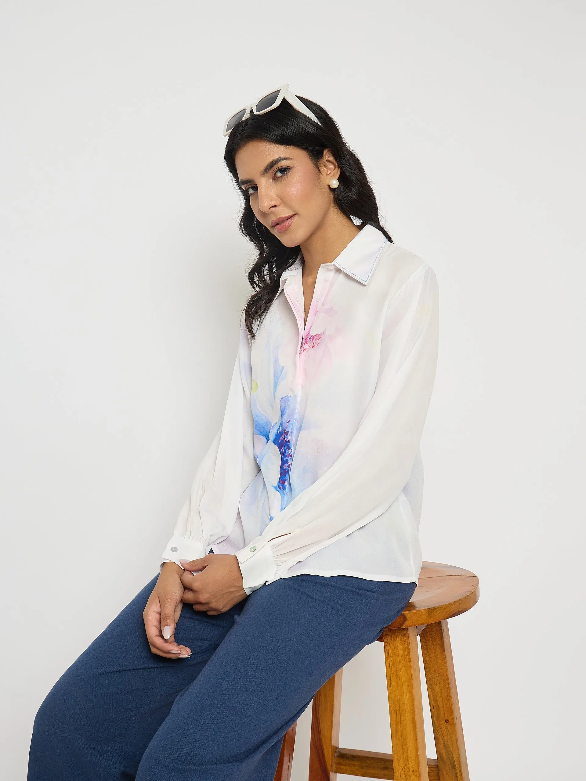 Business casual Madame Floral Print Contrast Stiched Collar Off White Shirt