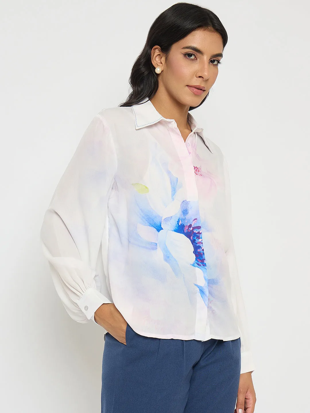 Soft touch finish Madame Floral Print Contrast Stiched Collar Off White Shirt