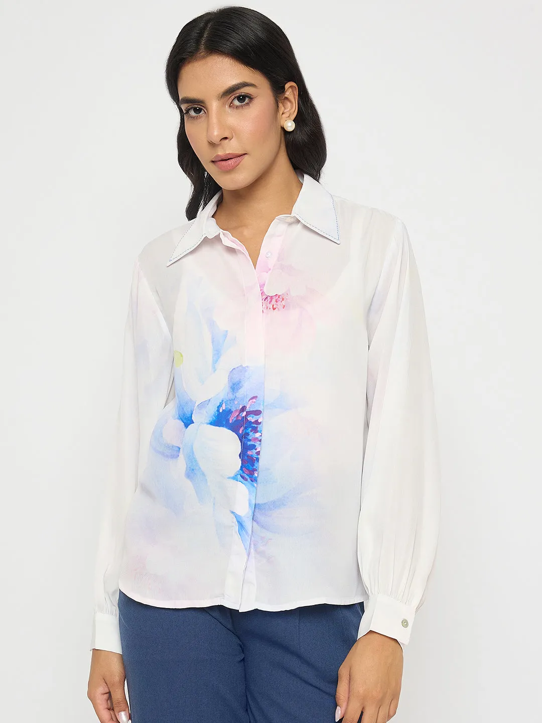 Madame Floral Print Contrast Stiched Collar Off White Shirt handmade touch Subtle Print