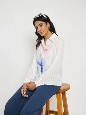 Business casual Madame Floral Print Contrast Stiched Collar Off White Shirt