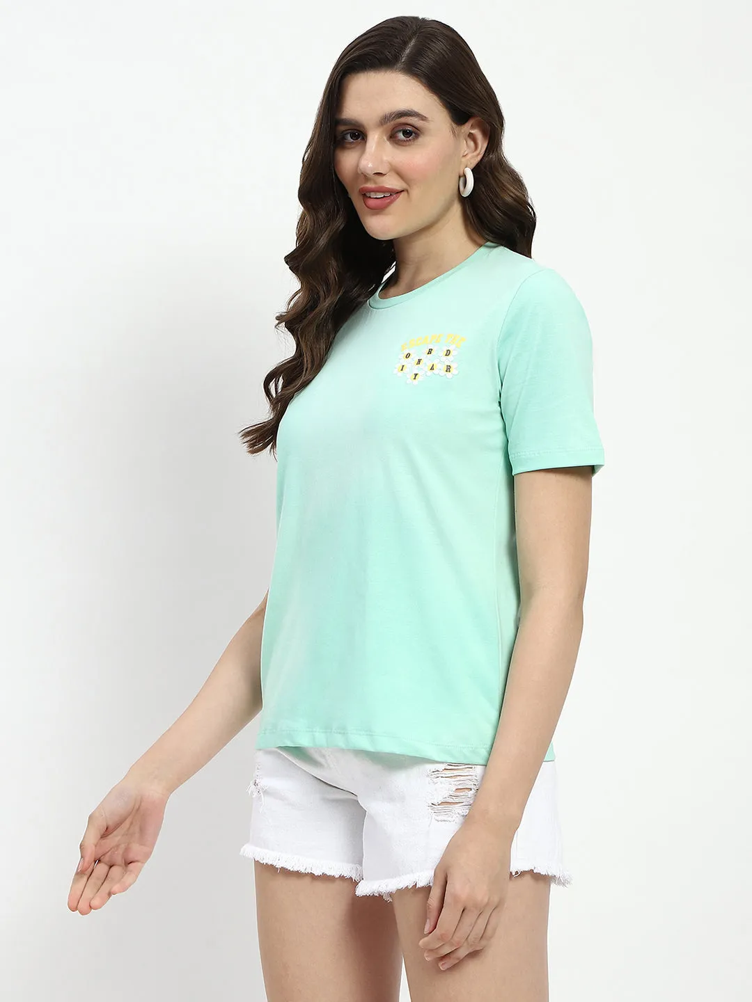 Simple Look Madame 3D Print Monochromatic Cotton Mint T-Shirt