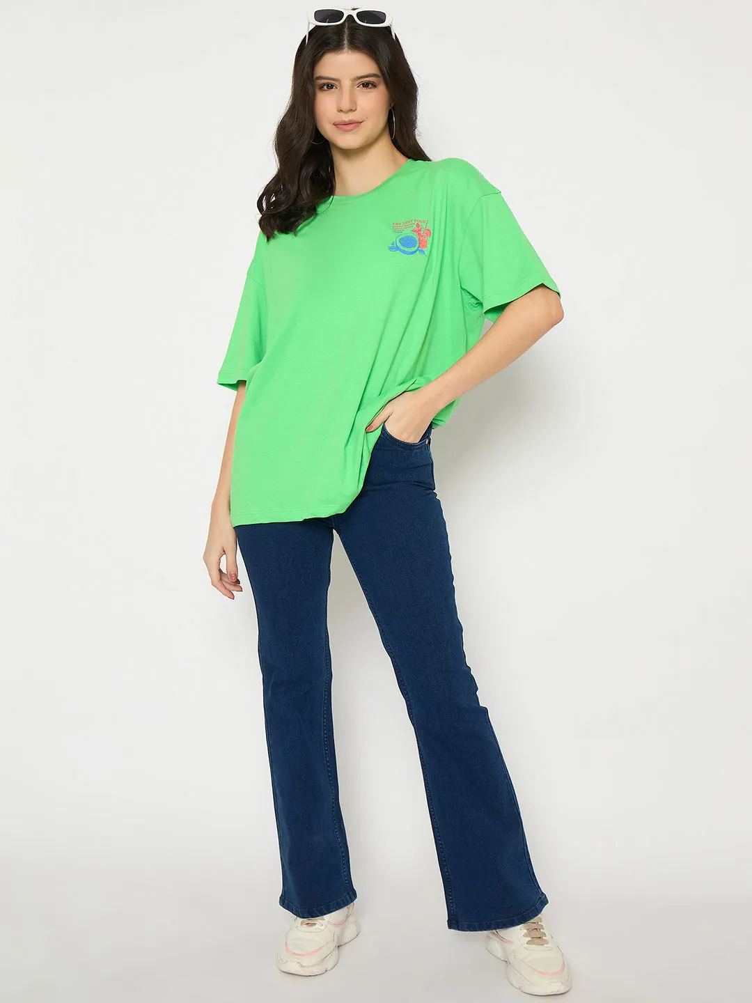 Madame Print Detailing Round Neck Green Cotton T-shirt Ultra Soft Finish Easy Wear Style