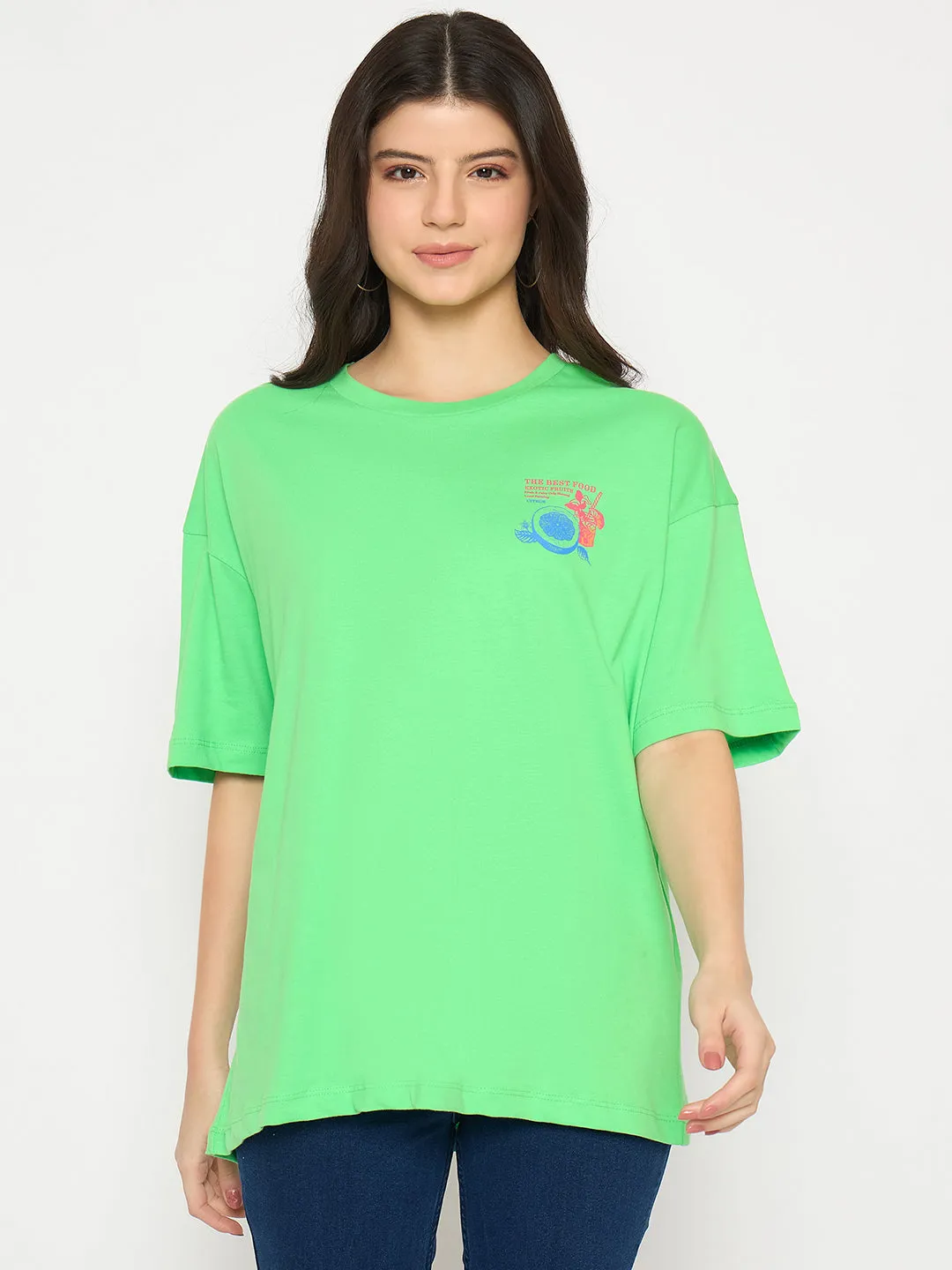 Relaxed and Comfy Madame Print Detailing Round Neck Green Cotton T-shirt